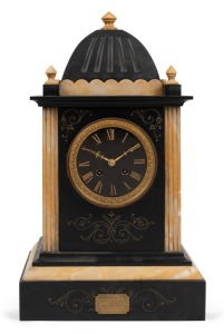 An antique French slate and Sienna marble mantle clock with eight day time and strike movement and Roman numerals, circa 1885. Bearing military presentation plaque, 45cm high 