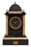 An antique French slate and Sienna marble mantle clock with eight day time and strike movement and Roman numerals, circa 1885. Bearing military presentation plaque, 45cm high 