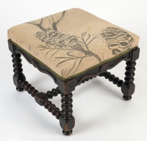 An antique English stool with ebonised mahogany bobbin turned framed, 19th century, 42cm high, 50cm wide, 48cm deep