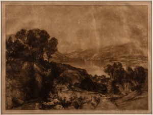 FRANK SHORT (1857 - 1945), Picking Flowers, aquatint, signed, described as a proof and dated 1903 in lower margin, 22.5 x 41.5cm; framed 48 x 65cm. also, Derwent Water (after Turner), engraved and signed by Short. (2).
