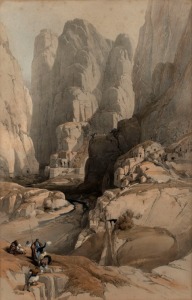 DAVID ROBERTS (1796 - 1864), Entrance to Petra, March 10th 1839, hand-coloured lithograph, plate 98 from Volume III of 'The Holy Land', 51 x 34cm; framed 71 x 52cm.