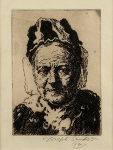 JOSEPH SIMPSON (1879 - 1939), Lady in a hat, etching, circa 1920, signed and numbered "12" in lower margin, 15 x 10.5cm; framed 52 x 41cm; together with another framed etching of a graveyard (artist unknown). (2 items).