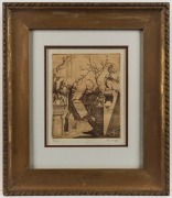 JOSEPH SIMPSON (1879 - 1939), Lady in a hat, etching, circa 1920, signed and numbered "12" in lower margin, 15 x 10.5cm; framed 52 x 41cm; together with another framed etching of a graveyard (artist unknown). (2 items). - 3