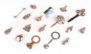 BABY RATTLES: Remains of collection including antique wooden rattle with bells, sterling silver & silver plate. 33+ items