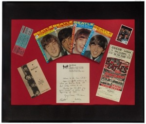 THE BEATLES 1963, framed display incorporating a June 1963 "The Beatles - Roy Orbison Show" ticket (City Hall, Newcastle Upon Tyne); four fan club magazines featuring a different Beatle; and other fan-related items. Note: Some items marked "Replica". 63 x