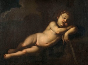 Bartolomé Estebán MURILLO (Spanish, 1618 - 1682), After, Ego Dormio Et Cor Meum Vigilat, Oil on canvas laid on board, circa 1800, 65 x 88cm; framed 88 x 111cm. The latin text (on the ribbon) is from the Song of Solomon, chapter 5, verse 2: "I sleep, but my heart waketh."