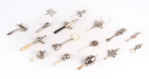 BABY RATTLES: Remains of collection includes sterling silver, shell & bone handles etc., 23 items