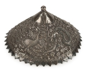 An antique Vietnamese silver conical shaped military hat badge, decorated with dragon, phoenix and Kirin symbols of high-ranking military personnel, 19th century, 7cm high, 12cm wide