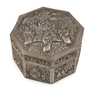 A Chinese export ware octagonal silver box with unusual Christian religious iconography, 19th century, 5cm high, 8cm wide, 135 grams