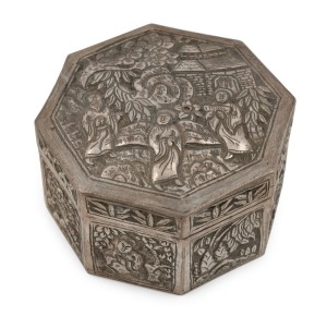 A Chinese export ware octagonal silver box with unusual Christian religious iconography, 19th century,  5cm high, 8cm wide, 135 grams 