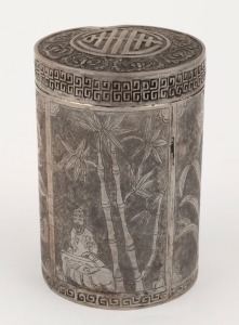 A Chinese export ware cylindrical silver tea canister, seal mark to base, 10cm high, 7cm diameter, 138grams