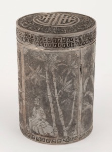 A Chinese export ware cylindrical silver tea canister,  seal mark to base,  10cm high, 7cm diameter, 138grams