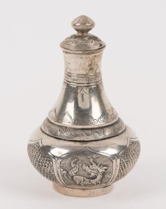 An antique Chinese export silver lidded bottle adorned with dragons, phoenix and lion, 19th/20th century, 9cm high , 58grams
