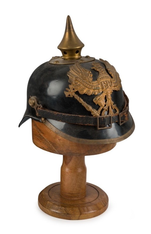 PICKELHAUBE German officer's helmet, World War 1 period, (1891 pattern) accompanied with timber hat block, (2 items)