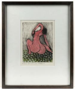 Three framed prints including a lithograph pink nude with endorsement "To Miriam, with a lot of love R. Kedam '01", the largest 43cm x 35cm overall