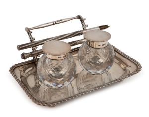 An antique English sterling silver and cut crystal desk set with two bottles and two pens, made in Chester, circa 1876, 19cm wide