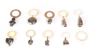 BABY RATTLES: Group of 10 silver & silver plated rattles.