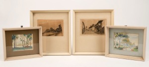 Four assorted etchings and watercolours in cream finished timber frames, ​​​​​​​the largest 25 x 27.5cm overall