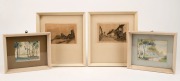 Four assorted etchings and watercolours in cream finished timber frames, ​​​​​​​the largest 25 x 27.5cm overall