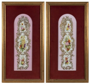 COPELAND pair of antique English floral porcelain plaques in later gilt frames with velvet mounts, 19th century, impressed mark "Copeland", 64 x 21cm, 93 x 48cm overall each