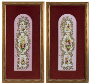 COPELAND pair of antique English floral porcelain plaques in later gilt frames with velvet mounts, 19th century, impressed mark "Copeland", ​​​​​​​64 x 21cm, 93 x 48cm overall each