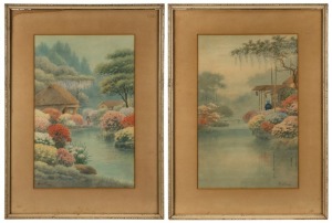 ARTIST UNKNOWN, two Japanese garden scene paintings, watercolour, signed lower left (illegible), 49 x 32cm, 69 x 51cm overall