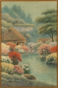 ARTIST UNKNOWN, two Japanese garden scene paintings, watercolour, signed lower left (illegible), 49 x 32cm, 69 x 51cm overall - 2