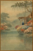 ARTIST UNKNOWN, two Japanese garden scene paintings, watercolour, signed lower left (illegible), 49 x 32cm, 69 x 51cm overall - 3