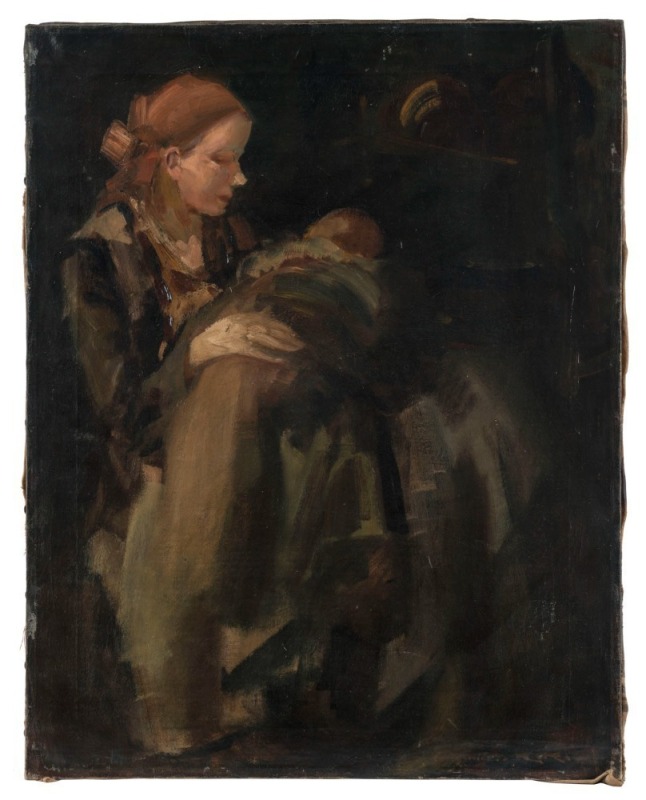 ARTIST UNKNOWN, (mother and child), oil on canvas, signed lower right (illegible), 67 x 53cm