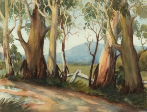 ARTIST UNKNOWN, Australian landscape, watercolour, signed lower right (illegible), ​​​​​​​34 x 44cm, 56 x 67cm overall