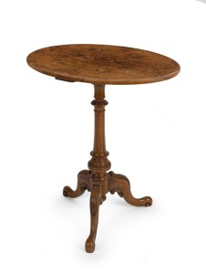 An antique English burr walnut oval wine table, bearing plaque "JAMES SHOOLBRED & Co. London", circa 1875, ​​​​​​​70cm high, 62cm wide, 44cm deep