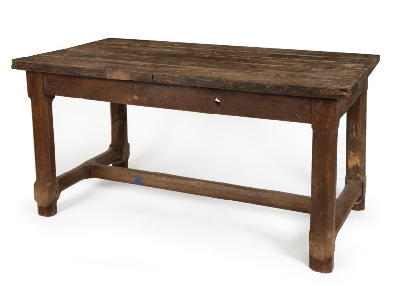 A Georgian oak refectory table, peg joint construction with chamfered edges, 18th/19th century, 77cm high, 156cm wide, 80cm deep