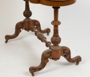 An antique English scalloped edged occasional table with quarter book matched burr walnut veneered top, and Irish influenced carved cabriole leg stretcher base, 70cm high, 107cm wide, 61cm deep. - 2