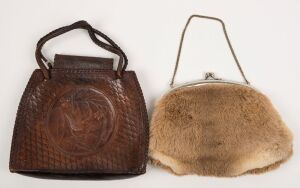 A kangaroo fur clutch bag, together with a leather clutch bag adorned with a fairy wren, 20th century, (2 items), ​​​​​​​26cm and 23cm wide