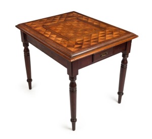 An antique Australian cedar games-top centre table, inlaid with Australian and New Zealand timbers including totara, musk, myrtle, kauri and hoop pine, blackwood and casuarina, New South Wales origin, circa 1870, ​​​​​​​75cm high, 87cm wide, 71cm deep