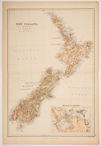 J. BARTHOLOMEW, NEW ZEALAND with insert ENVIRONS OF AUCKLAND, [Blackie & Son, circa 1860], with counties in colour and showing the progress of the railroads, overall 56 x 38cm.