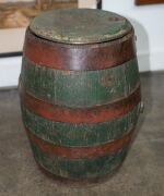 An antique coopered beer barrel with green painted finish and iron strapping, stamped "TOOTH", 19th century,  44cm high, 33cm wide - 3