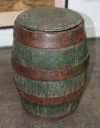 An antique coopered beer barrel with green painted finish and iron strapping, stamped "TOOTH", 19th century,  44cm high, 33cm wide - 5