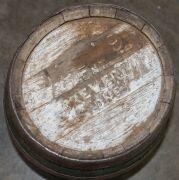 An antique coopered beer barrel with green painted finish and iron strapping, stamped "TOOTH", 19th century,  44cm high, 33cm wide - 9