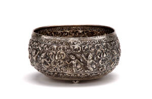 Burmese silver bowl with repousse scene of dancing figures.&nbsp;