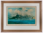 (Lord Louis) Mountbatten of Burma, A.F. original signature at the base of Peter Taylor's dramatic painting of The Royal Navy destroyer H.M.S. Kelly, commanded by Lord Louis Mountbatten, in Valletta's Grand Harbour in Malta, alongside a larger warship. Bla - 2