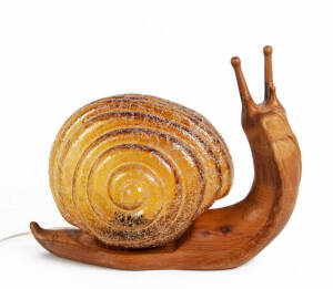 Snail lamp, timber & glass. Height 42cm x length 49cm