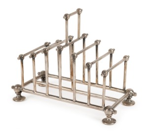 CHRISTOPHER DRESSER designed antique English silver plated toast rack, 19th century, marks rubbed, 13cm high, 16.5cm wide