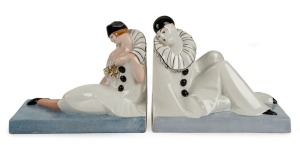 A pair of French porcelain Art Deco Pierrot and Pierrette bookends, signed "Genvane", circular factory mark to base, 19cm high, 23cm wide each