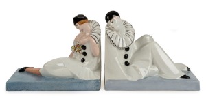 A pair of French porcelain Art Deco Pierrot and Pierrette bookends, signed "Genvane", circular factory mark to base, 19cm high, 23cm wide each