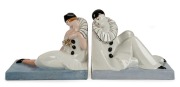 A pair of French porcelain Art Deco Pierrot and Pierrette&nbsp;bookends, signed "Genvane", circular factory mark to base, 19cm high, 23cm wide each