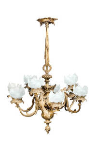 French Rococo style bronze 9 branch chandelier with glass shades, early 20th century. Height 84cm, width 65cm.