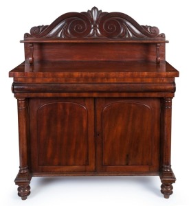 A Colonial Australian cedar chiffonier, full cedar construction with Thomas Hope scroll back and full turned columns, New South Wales origin, circa 1840, 143cm high, 119cm wide, 53cm deep