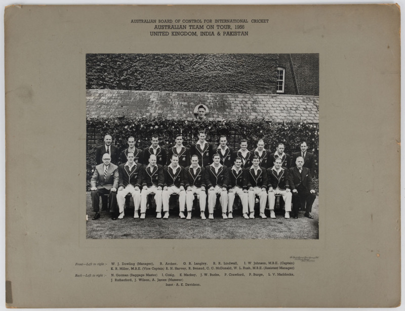 1956 Australian team, official team photograph, with title 'Australia Team on Tour 1956, United Kingdom, India & Pakistan', and players names printed on mount, overall 39.5 X 50.5cm. Provenance: The Keith Miller collection, Leski Auctions, August 2010.