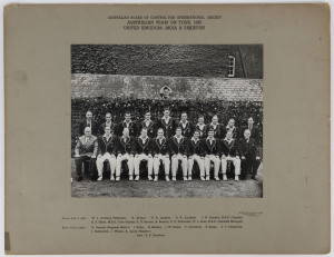 1956 Australian team, official team photograph, with title 'Australia Team on Tour 1956, United Kingdom, India & Pakistan', and players names printed on mount, overall 39.5 X 50.5cm. Provenance: The Keith Miller collection, Leski Auctions, August 2010.